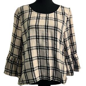 Anama Women's Size M Beige/Black Picnic Plaid Cotton Flannel Button Back Top